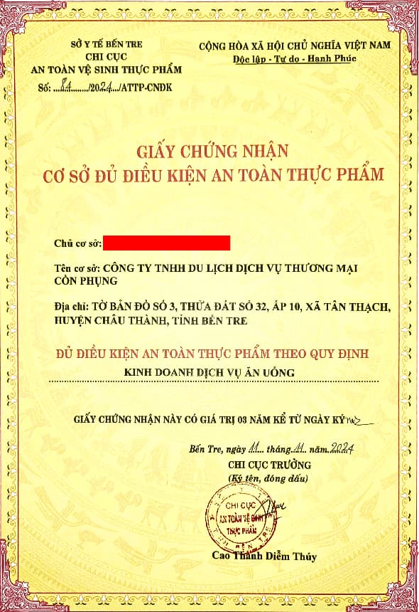 Giấy an toàn thực phẩm Cồn Phụng
